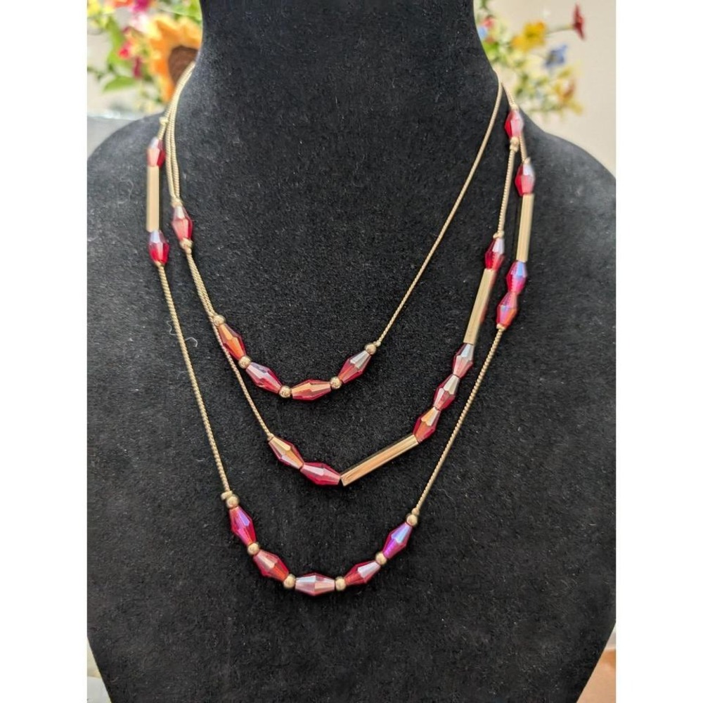 Gold Tone Multi Strand Beaded‎ Iridescent Necklace